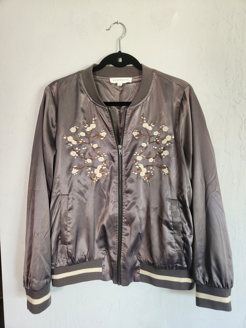 Downeast Embroidered Satin Bomber Jacket - Gray